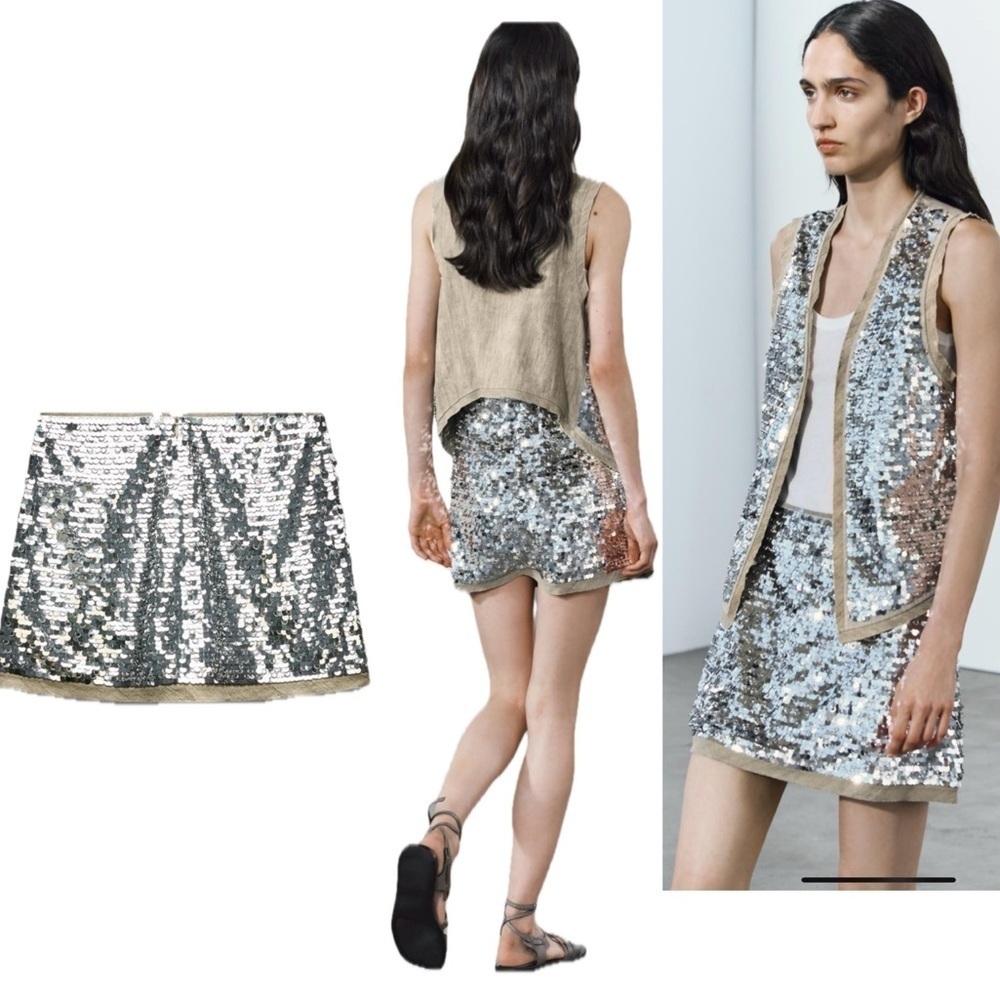 Zara ZW Collection beige silver metallic sequin chain mini skirt high waist Sz M
